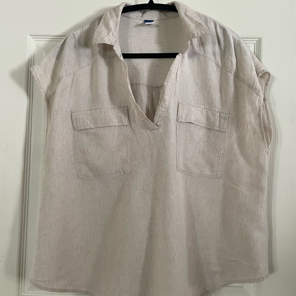 Casual Beige Women's ShortSleeve Linen Collared Top Large